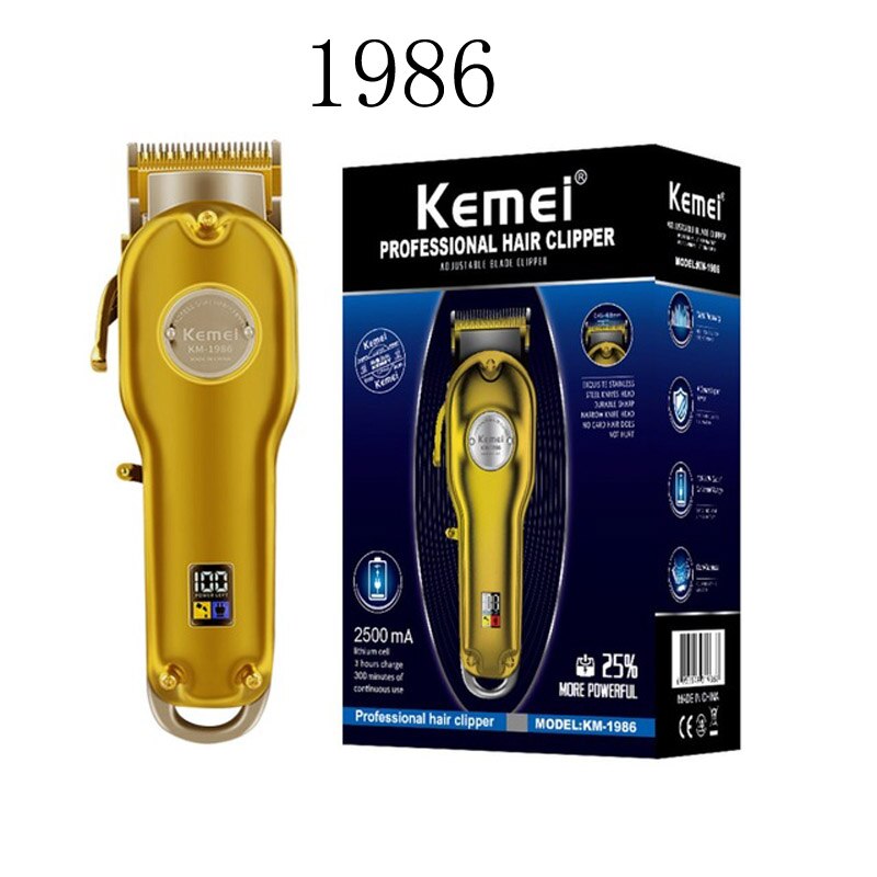 Kemei km -1986 + pg frisør hårklipper fræser elektrisk trådløs hårtrimmer hårklipper helt metal: Guldæske 1986