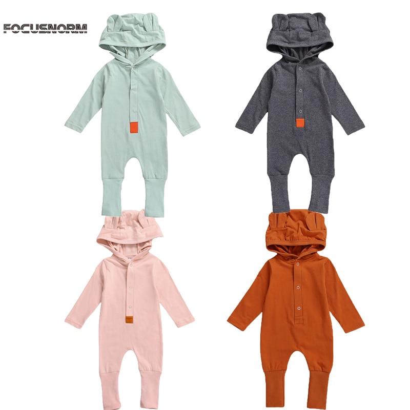 Focusnorm 0-18M Herfst Winter Kids Meisjes Jongens Warm Jumpsuits Effen 3D Oren Capuchon Lange Mouw Knop Rompertjes