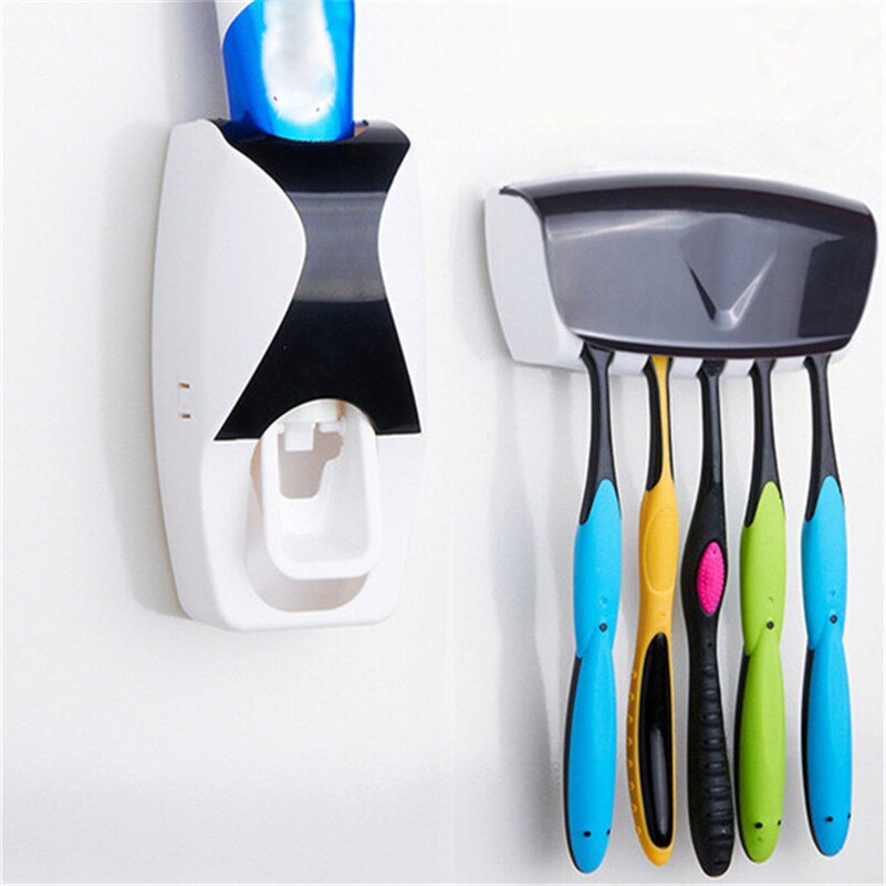 1 sæt automatisk tandpasta dispenser håndklædeholder tandbørstehylde med krog vægmonteret tandpasta presmaskine tilbehør til badeværelset