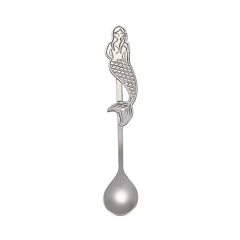 Stirring Spoon Coffee Spoon Kitchen Tea Milk Teaspoons Stainless Steel Cartoon Mermaid Shaped Kitchen Spoons Drinks Tableware: Silver