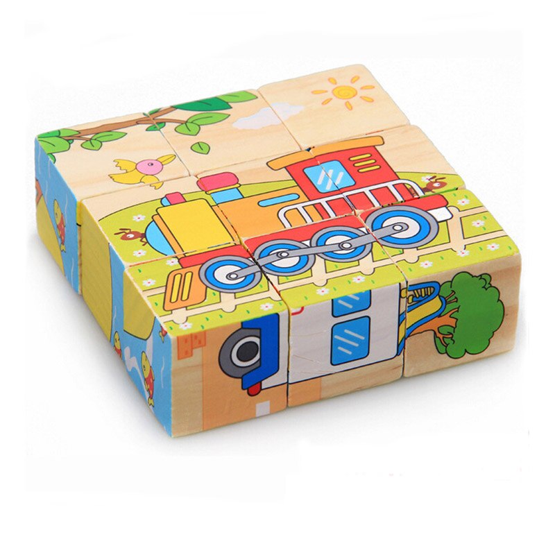 Kid Houten Cartoon Dier Puzzel Speelgoed 6 Zijden Wijsheid Jigsaw Early Education Learning Speelgoed Voor Kinderen Spel 9 Pcs Enkele 3D Puzzel: Traffic tools