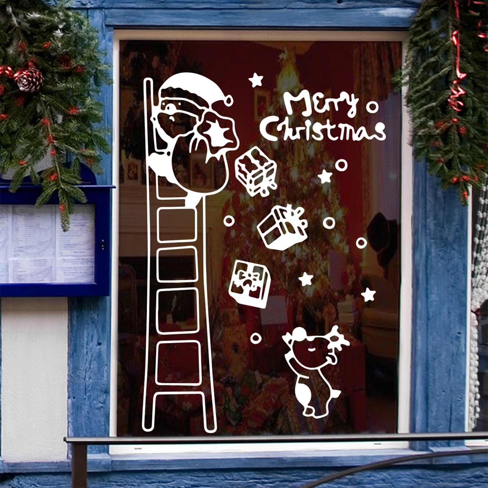 Merry Christmas Letters Wall Stickers Santa Claus Static Sticker Ladder Old Man Scene Removable Window Sticker Home Decoration: B