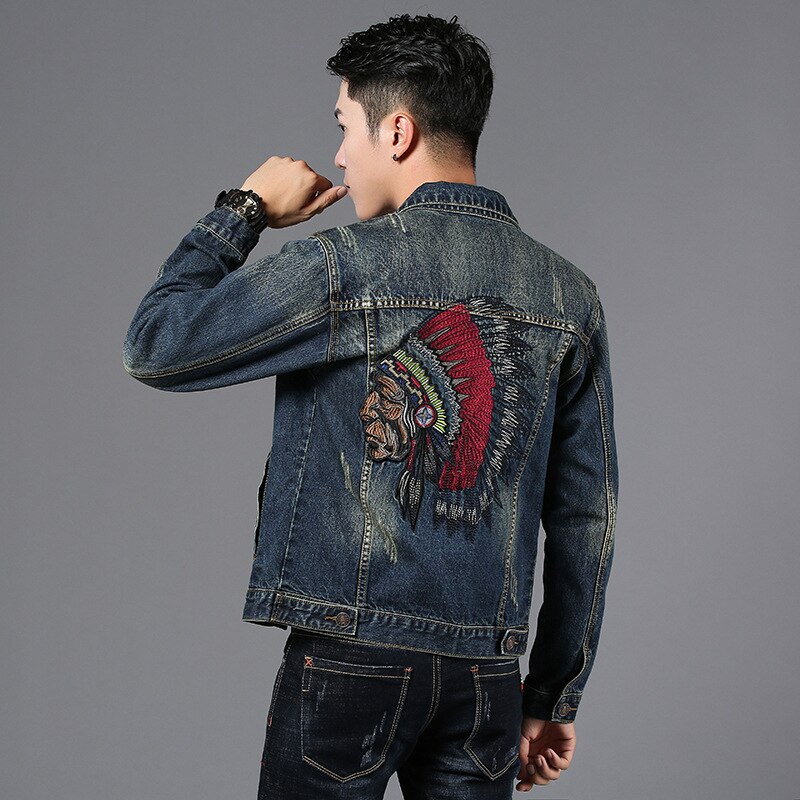 Men&#39;s Slim Denim Jacket Vintage Style Embroidered Indian Jacket Long Sleeve Casual Hip-hop Retro Jeans Coat Streetwear