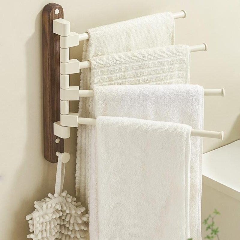 Toallero giratorio de madera de nogal, soporte de pared para baño sin agujeros, toallero de barra múltiple, estante de almacenamiento de toallas para baño