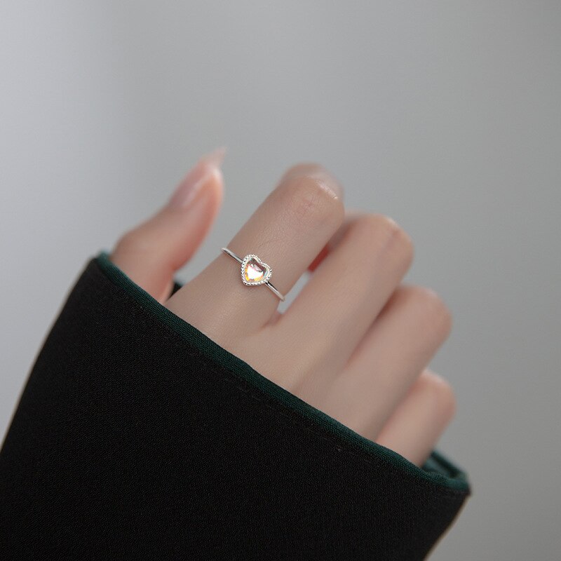 Inzatt echter 925 sterling silber gradient glas herz verstellbarer ring für damen süßer feiner schmuck minimalistisches accessoire