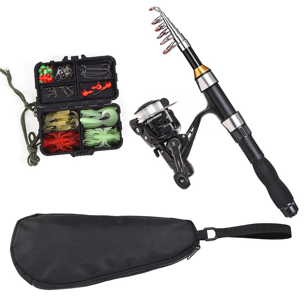 Fishing Rod Reel Combo Full Kit 1.5m Telescopic Fishing Rod Spinning Reel Set with Hooks Soft Lures Barrel Swivels Storage Bag