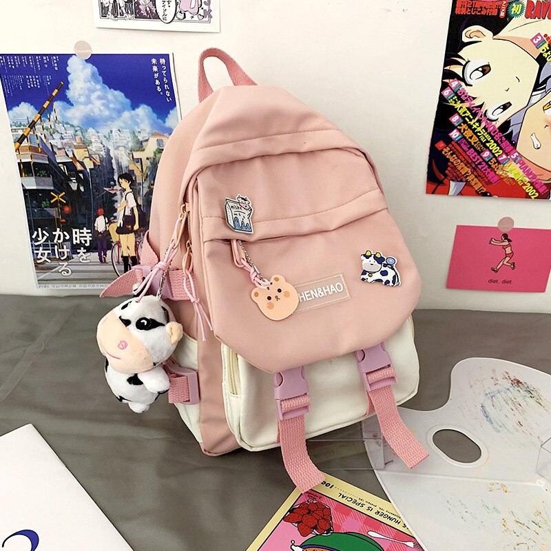 Teen Girls Small Backpack Cute contrast color female student mini schoolbag cool waterproof nylon travel backpack: Pink / With Pendant