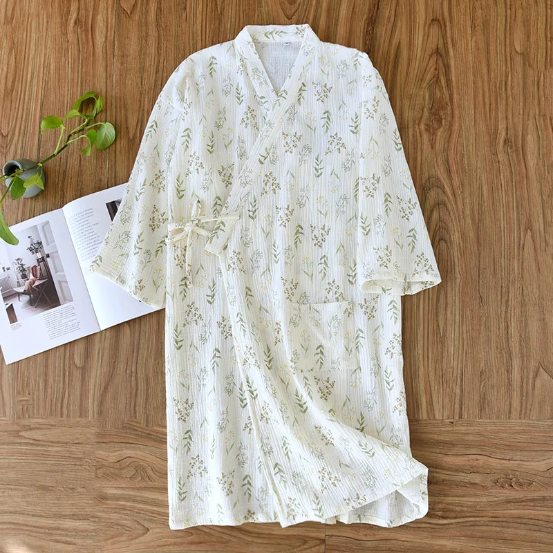 Albornoz tipo kimono multicolor, pijamas, ropa para mujer, verano, algodón, estampado Floral, media manga, lindos batas al vapor para el sudor: M / Beige