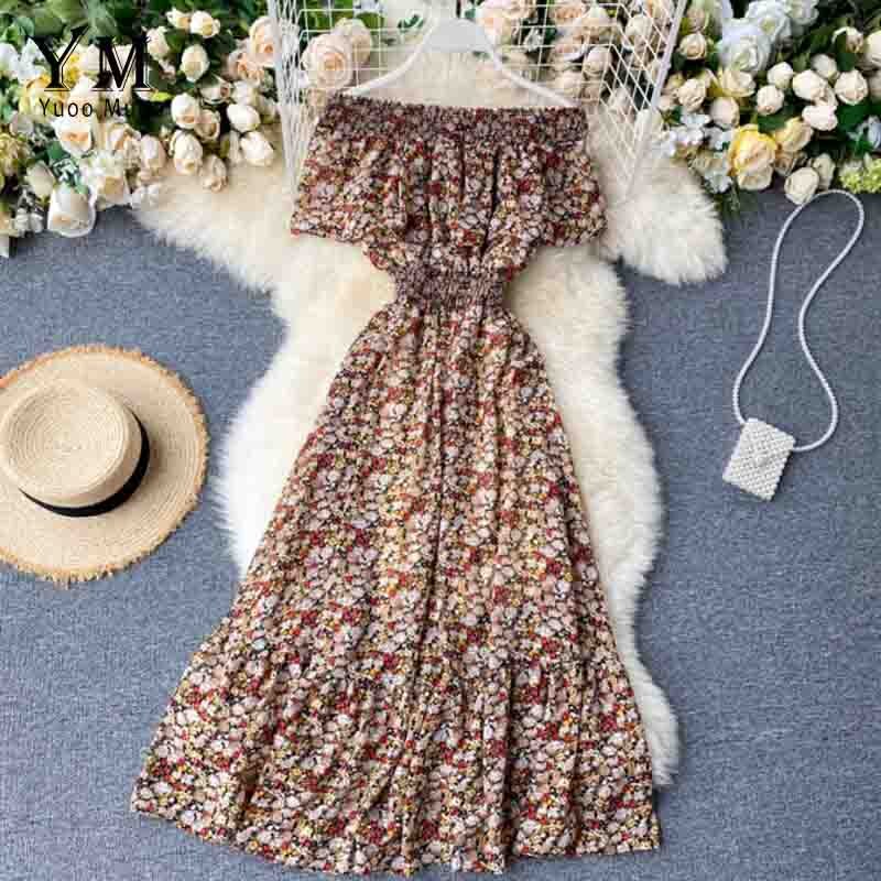 Yuoomuoo Bohemian Zomer Off Shoulder Bloemenprint Jurk Vrouwen Elegante Ruches Chiffon Lange Jurk Boho Mode Strand Jurk: Khaki