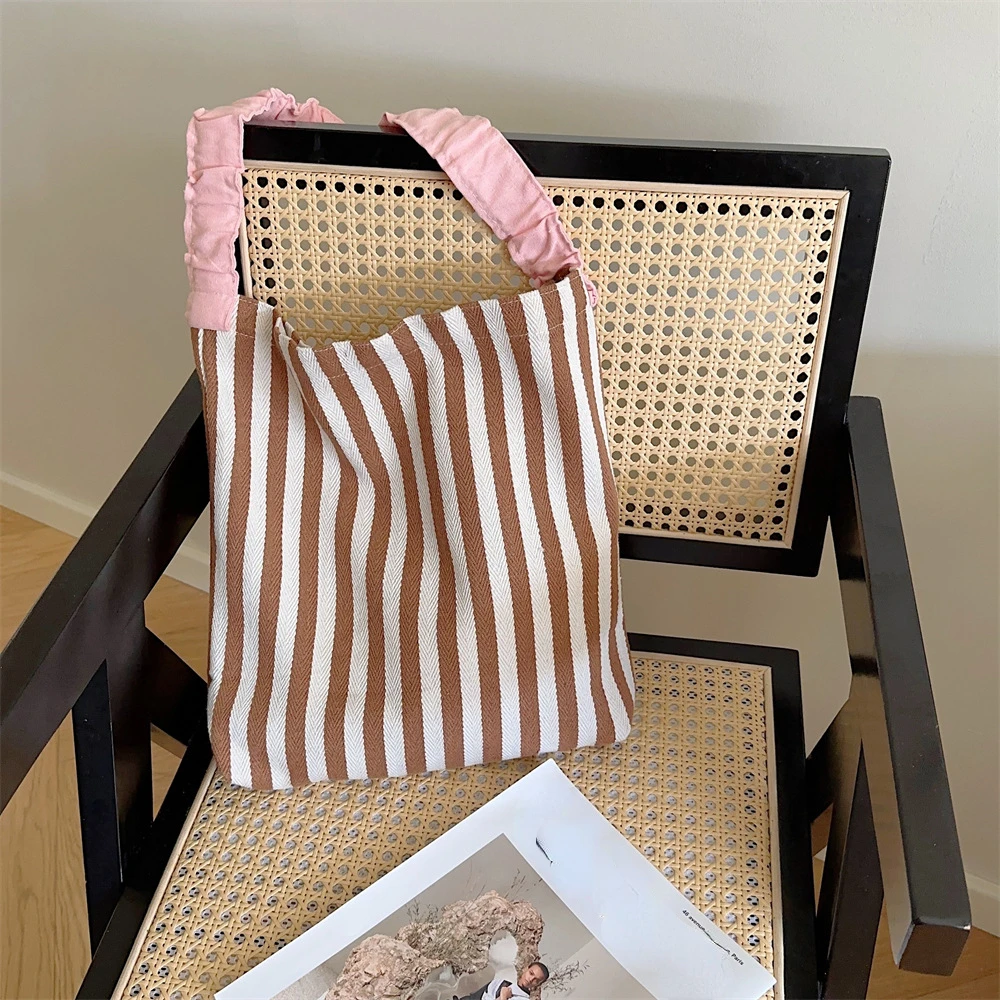 Sacs à bandoulière à rayures de couleur contrastée pour femmes, fourre-tout Simple en toile pour livres d'université pour filles, sac de Shopping décontracté, sacs à main de voyage: Bleu
