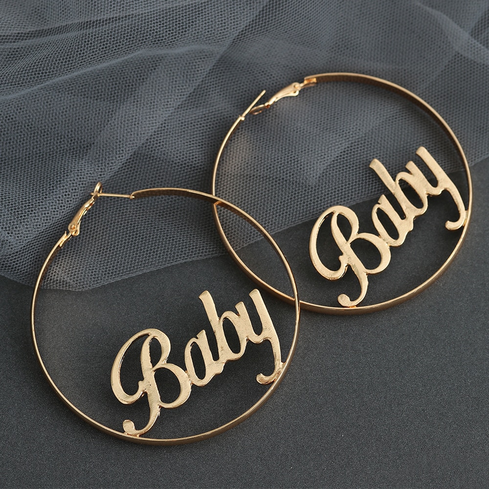 1 Pair Women Large Circle Round Hoop Earrings Hyperbole Baby Femme Letter Earrings Punk Dangle Hip-hop Jewelry