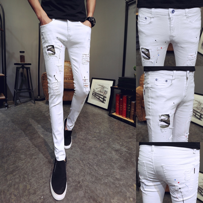 Merke herre bukser herre klær koreansk slim fit casual hull bukse mann skinny komfortable bukser herre bunn svart/hvit