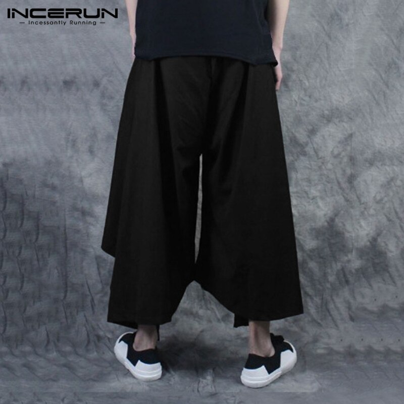INCERUN, pantalones bombachos para hombre, pantalones para correr de Color sólido de cintura elástica , pantalones de falda Irregular suelto, ropa de calle, pantalones de baile para hombre