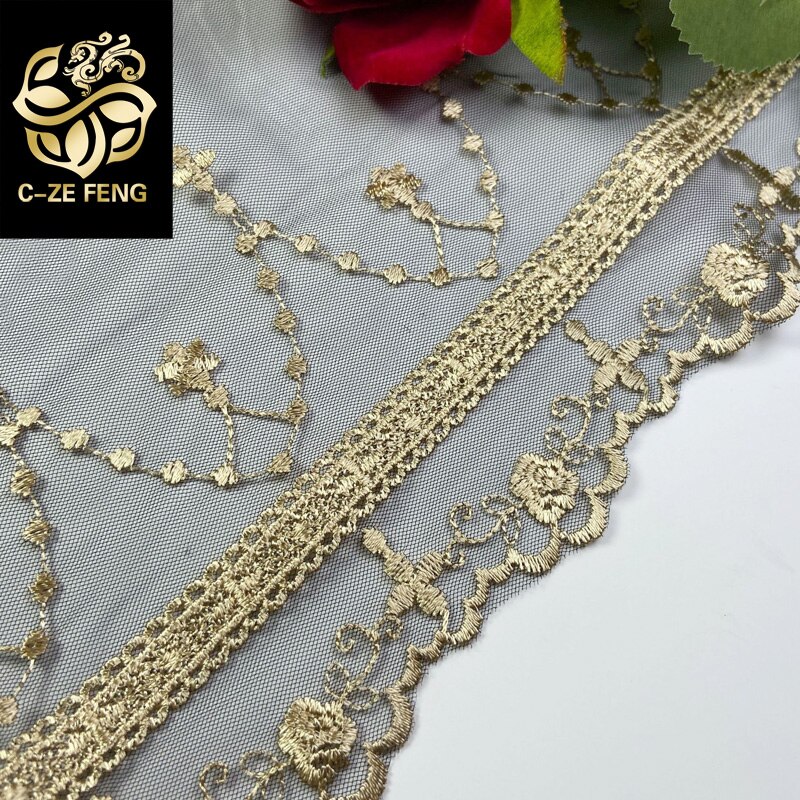 Tela de encaje de malla negra , 15CM de ancho, bordado de hilo dorado, cinta embellecedora para vestido, guipur, bufanda, ropa, costura de manualidades de decoración: Default Title