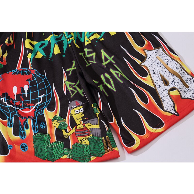 Aolamegs Shorts hommes dessin animé flamme Graffiti imprimer plage genou longueur Shorts Hip Hop Bermuda Style taille élastique haute rue été