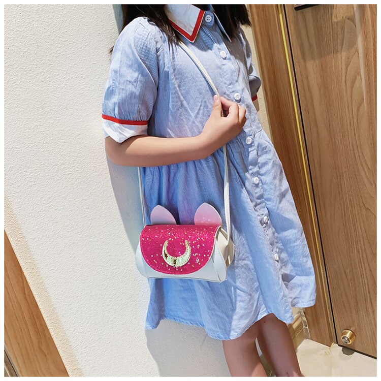 Dejlig lille piges håndtaske månemønster pailletter crossbody taske med søde katte ører børn taske bolsa