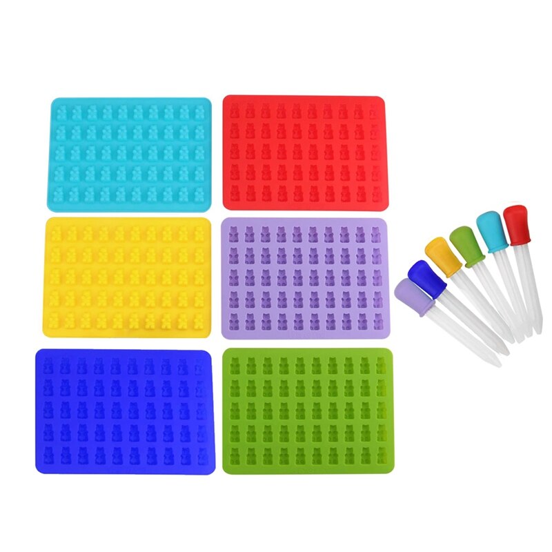 50 holtes kleurrijke siliconen beer gummy snoepvorm met 6 druppelaars voor diy snoep, gelei, koekje, chocolade, ijs  -6- pack