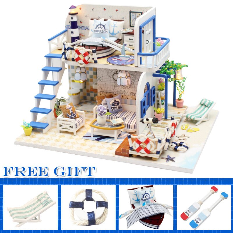 DIY House Wooden Doll Houses Miniature Dollhouse Furniture Kit with LED Toys for children Christmas: M032