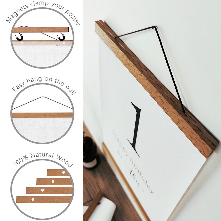 Magnetische DIY houten posterframe teak/grenen fotohangers ophangset voor foto's canvas prints poster scroll artwork printhouder