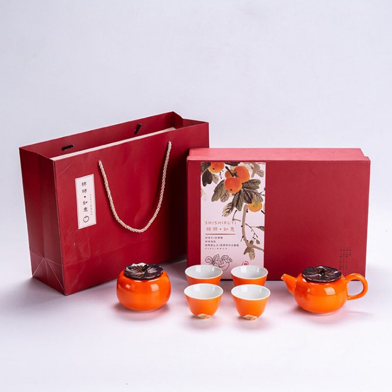 Persimmon Tea Set Chinese Tea Set Tea Pot Tea Can and Cups for Business: 1pot 1can 4cups