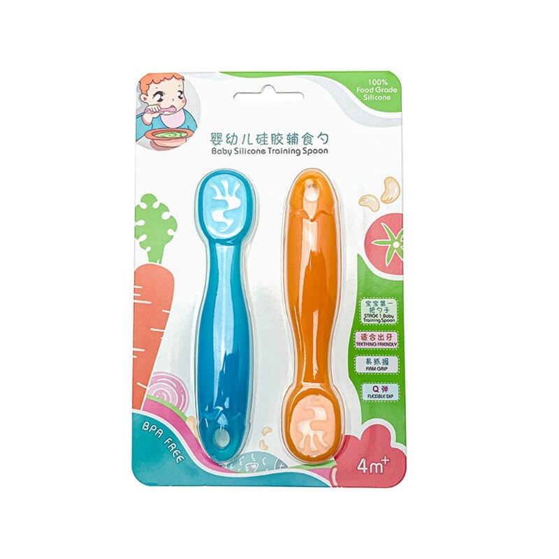 2 Stuks Mooie Baby Leren Lepels Set Infant Toddler Antislip Voeden Training Keukengerei Servies Siliconen Bijtring: OBL