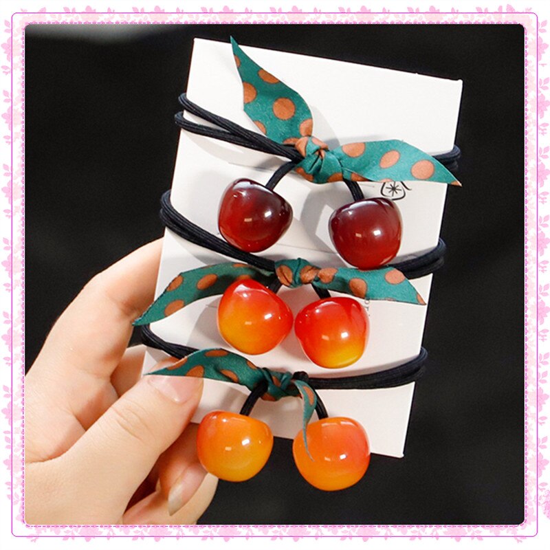 Coletero de cuerda a la para mujer, gomas elásticas para el pelo de hermosa cereza, con lazo, accesorios para el cabello: 3 pcs