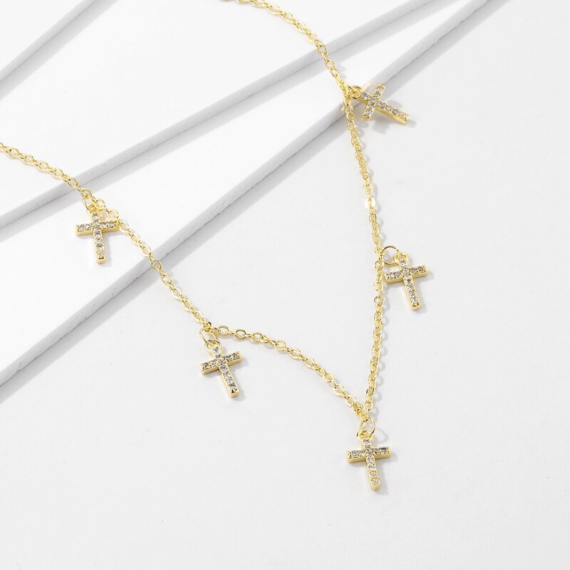 Trendy cubic zirconia fem kryds vedhæng halskæde guld og sølv farve kæde halskæde til kvinder koreanske smykker