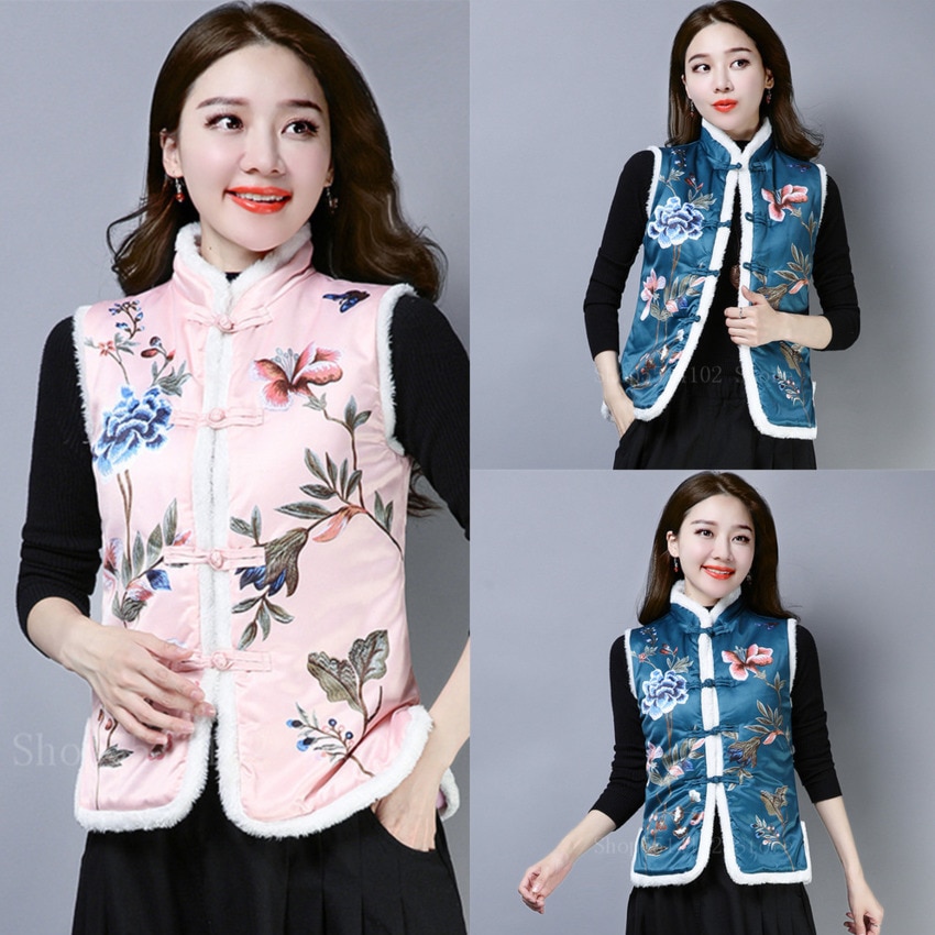 Jaar Vrouwen Chinese Traditionele Vest Retro Winter Borduren Bloemen Tang Past China Oriental Satijn Etnische Jassen Tops