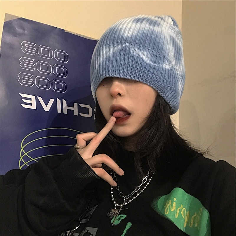 Unisex Autumn Winter Tie-Dye Ribbed Knitted Hat Soft Cuffed Short Melon Cap Men Women Sailor Style Beanie Hat