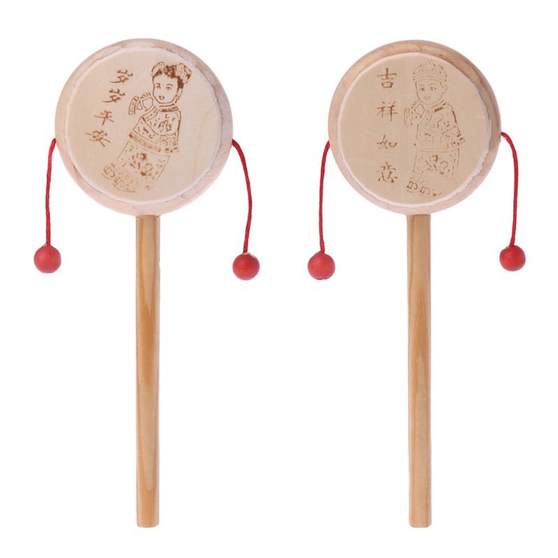 Hout Cartoon Chinese Traditionele Spinning Rammelaar Drum Hand Bell Baby Muzikaal Speelgoed XX9E