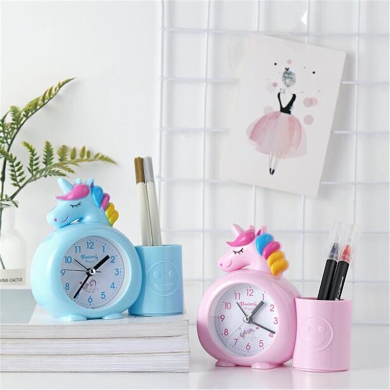 Eenhoorn Kids Wekker Leuke Bureau Klok Met Pennenhouder Brush Pot Home Decoratie Будильник Kids Brithday