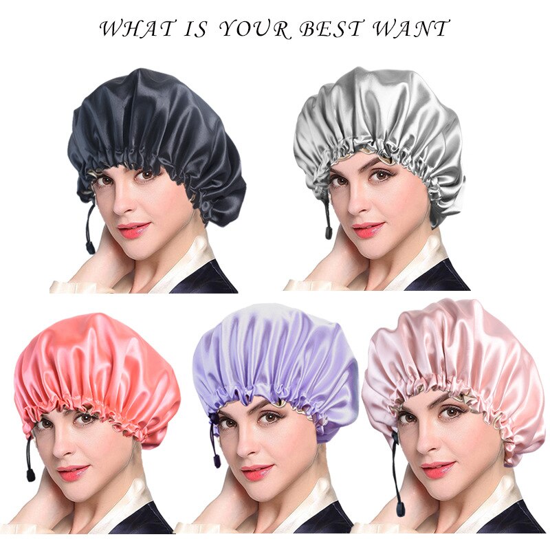 Hair Salon Elastic Thicken Double Layer Night Cap Adjustable Women's Oiled Shower Soft Silk Bath Hat Satin Bonnet Logo Printing