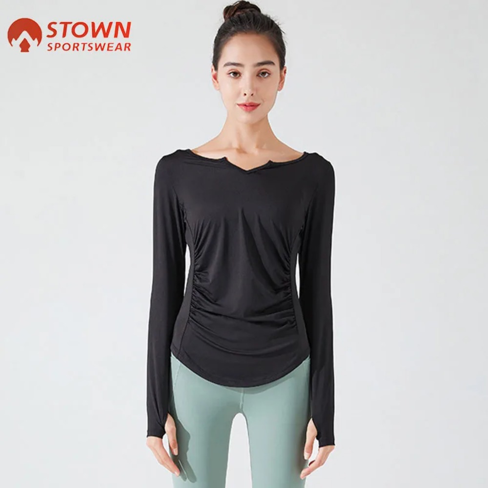 Stown-ropa deportiva para culturismo, camiseta de manga larga para gimnasio, Fitness, ropa de mujer con agujero para el pulgar, Top plisado adelgazante para Pilates y Yoga