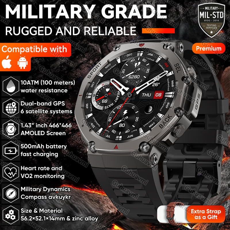 T-Rex 3 Wbudowany Dwuzakresowy GPS Wojskowy Smartwatch Męnarty Kompas Altimetr Barometryczny 10ATM i IP69K Wodoodporny 170+ Sportowy Smartwatch: Czerwony