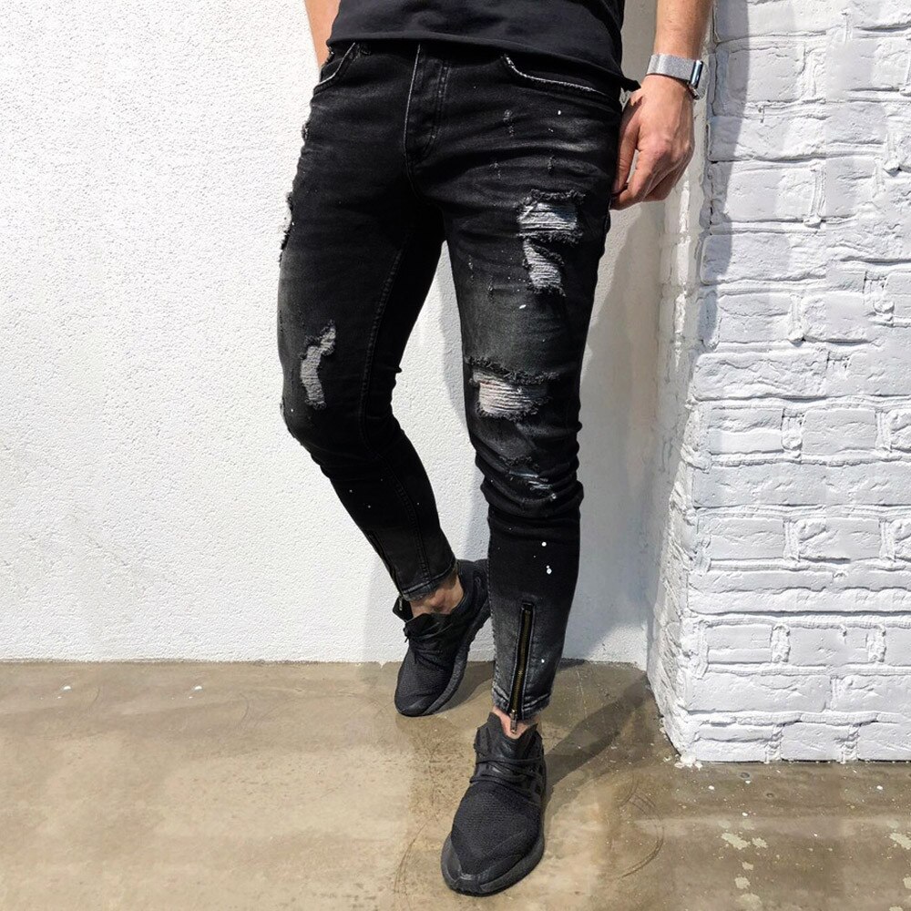 Mens Cool Brand Black Jeans Skinny Ripped Destroyed Stretch Fit Hop Hop Pants With Holes For Men Jeans Trousers#h3