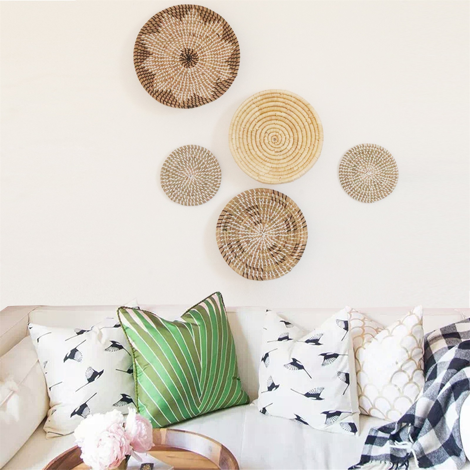 5PCS Woven Basket Wall Decor Wicker Wall Hangings Boho Art Home Décor Round Woven Wicker Baskets Different Sizes 8 To 14 Inch