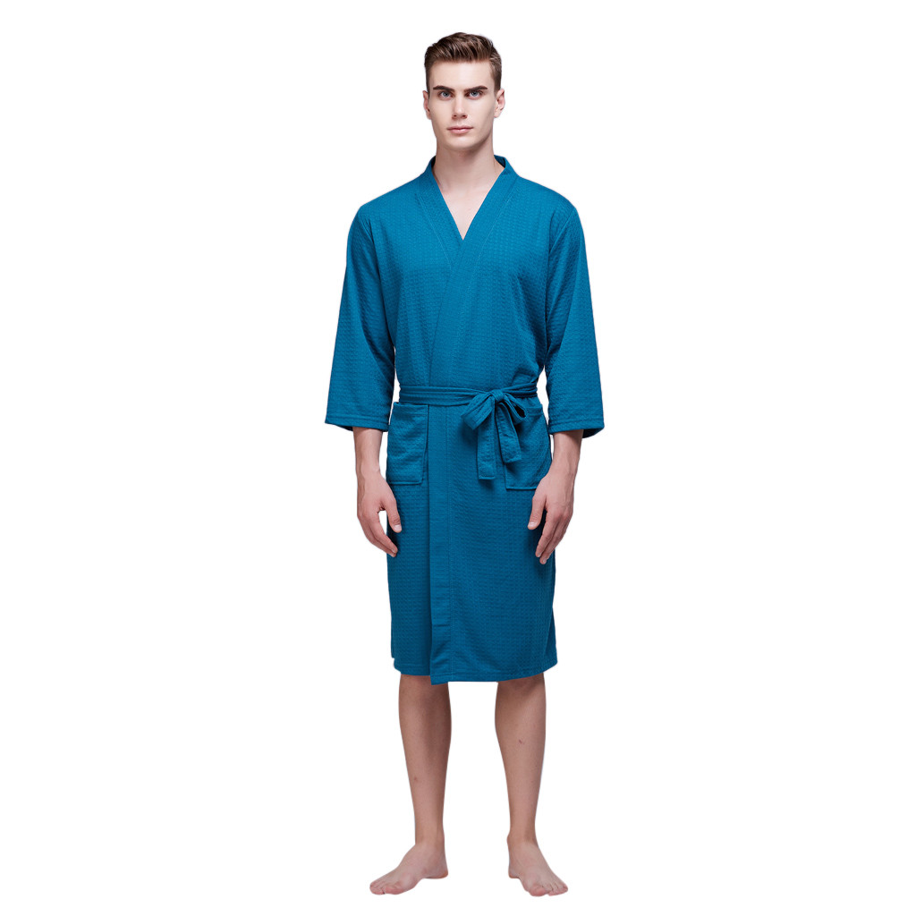 Summer Sleepwear Solid Blue Mid-length Waffle Thin Tunic Bathrobe Super Soft Flannel Coral Fleece Vintage Nightgowns#3: M