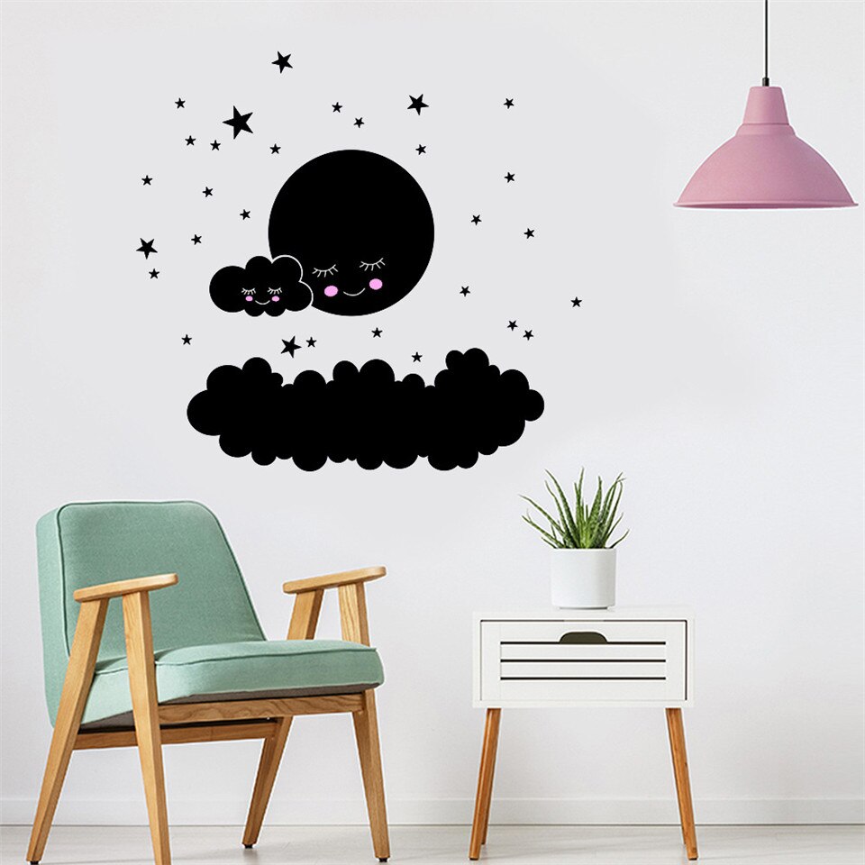 Cartoon Slapen Grijs Wolken Ster Muurstickers Baby Kids Slaapkamer Nursery Sticker Muurschildering PVC Poster Home Kinderen: hefei-dx065 black