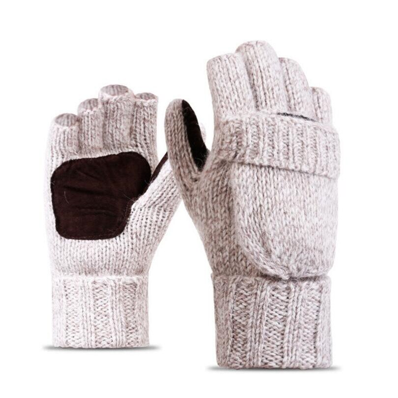 Unisex Plus Dikke Mannelijke Vingerloze Handschoenen Mannen Wol Winter Warm Blootgesteld Vinger Wanten Gebreide Warme Flip Half Vinger Handschoenen: Beige