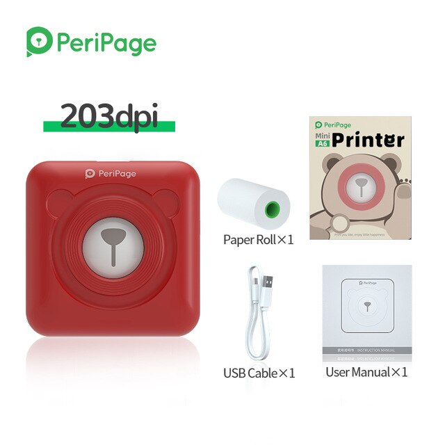 PeriPage – Mini-imprimante thermique Portable pour photos et reçus, 203dpi, Bluetooth sans fil, A6: A6 203 Red