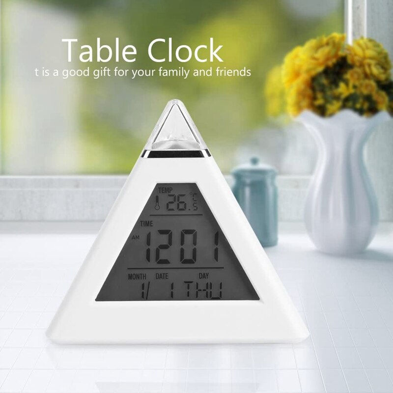 Digital Alarm Clock Small LCD Pyramid Alarm Clock 7 Color Changing Desktop Table Clock Thermometer with Snooze Function