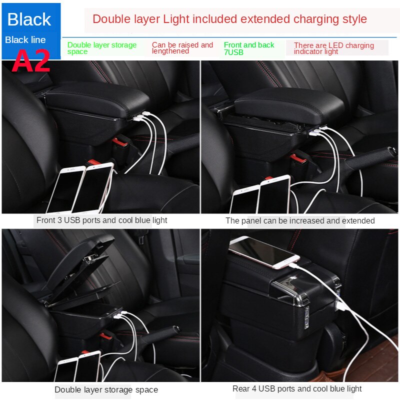 Universal Car Armrest central Universal model armrest box car accessories storage box modification Retrofit parts with USB LED: A2 black line 7USB