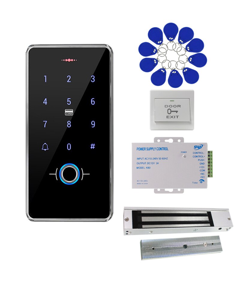 IP68 Waterproof Door Access Control RFID Keypad + Power Supply +Button+ 180KG Electric Magnetic Lock for Home
