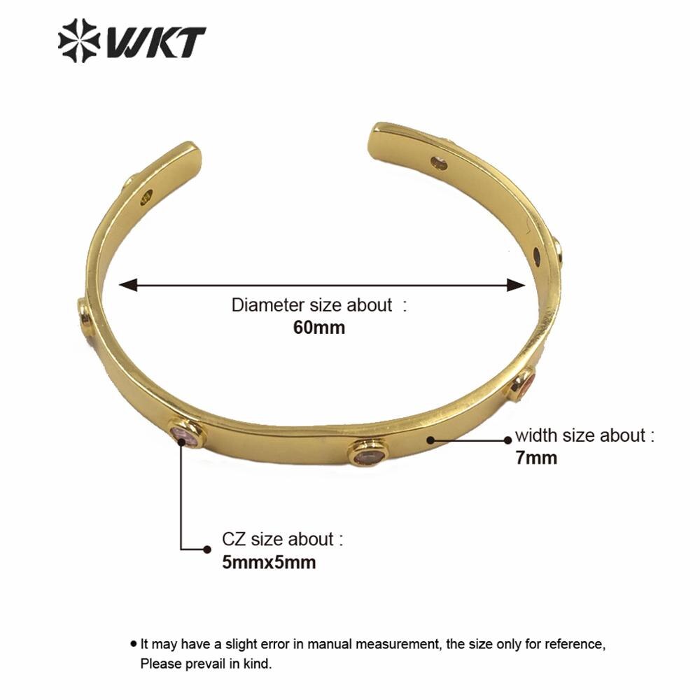 WKT Cuff Bracelet Women - Gold Color 7mm Wide - Round Cubic Zirconia - Engagement, Anniversary, Wedding, Party