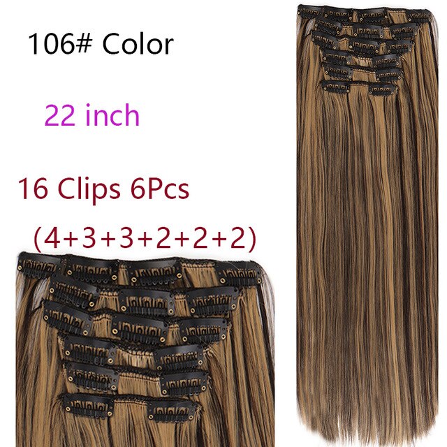 MANWEI Clips In Hair Extentions Women Synthetic Hair Extensions 6 Pcs/Set 16 Clips 22 Inch Synthetic Hair Piece: 106