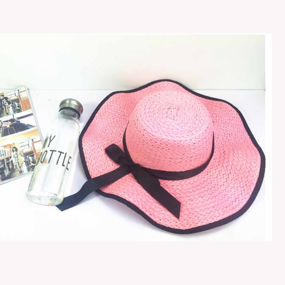 Damer årsagssammenhæng topi strand hat sommer sol uv beskyttelse yndefuld floppy halm sol hat kvinder kvinde rejse hat: Lyserød