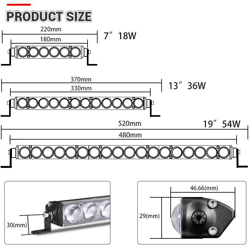 Racbox 7 " 13 " 19 "ultra slim 4d -linser bil led lysstang enkel rad hvit spot beam for offroad 4 x 4 lastebil utv atv suv 12v