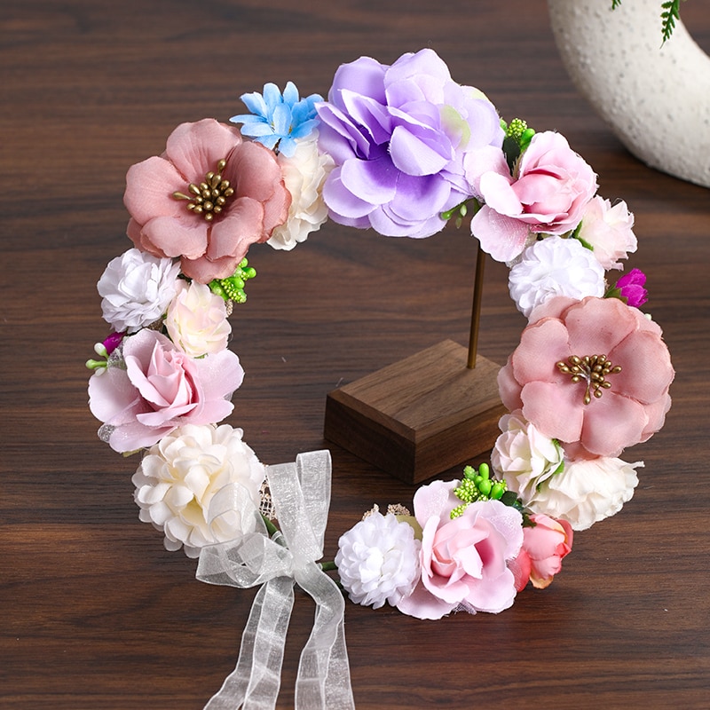 3 Artificial Flower Wreath Bride Women Flower Crown Hair Band Wedding Floral Headband Garland Ribbon Girl Hair Accessorie