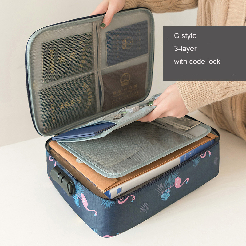 Travel Documents Organizer Bag for A4 Papers Storage Certificate Diploma File Pockets Two Three Layers Code Lock Choose: C style 1