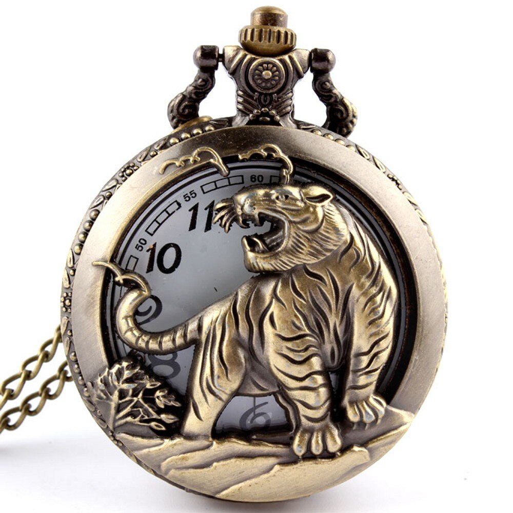 Retro Bronze Wolf Hollow Quartz Pocket Watch Mens Women Necklace Pendant FOB Chain Steampunk Pocket Watches: tiger